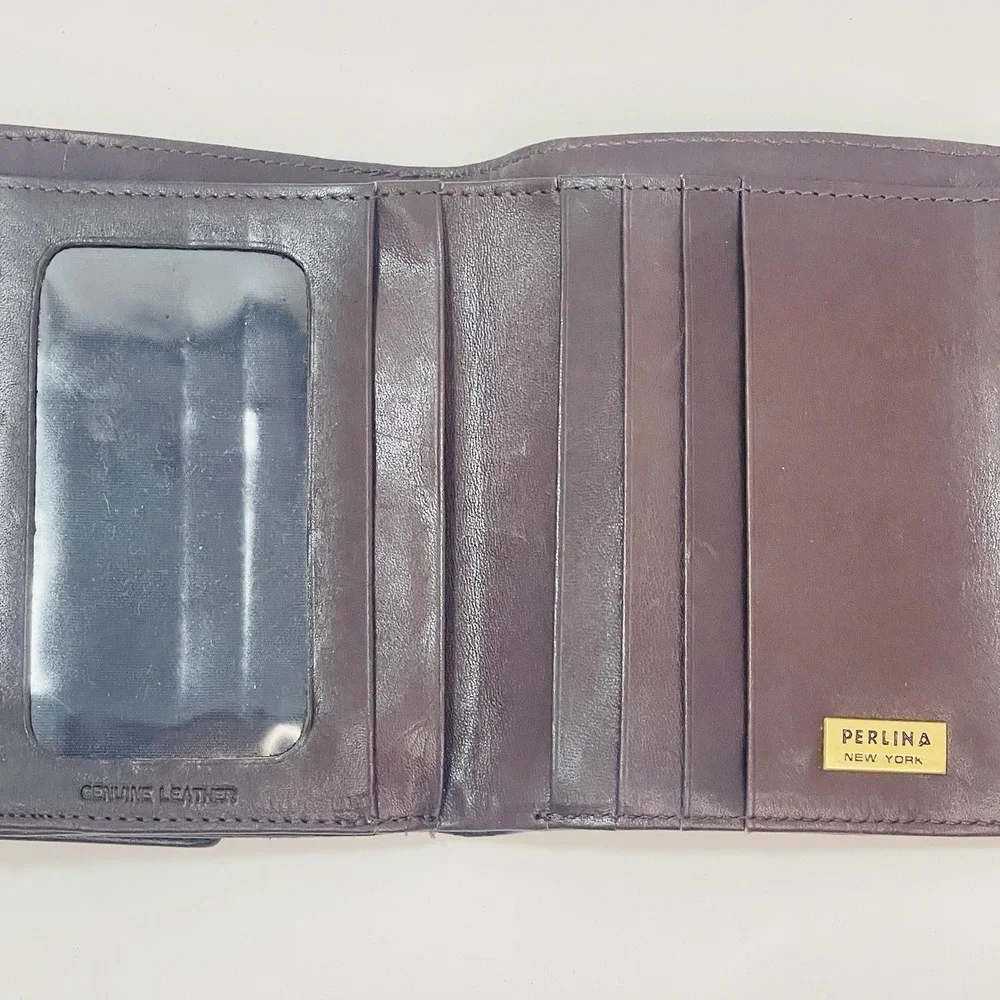 Perlina New York Brown Leather Double Snap Wallet Change Purse Tri-Fold‎ 5
